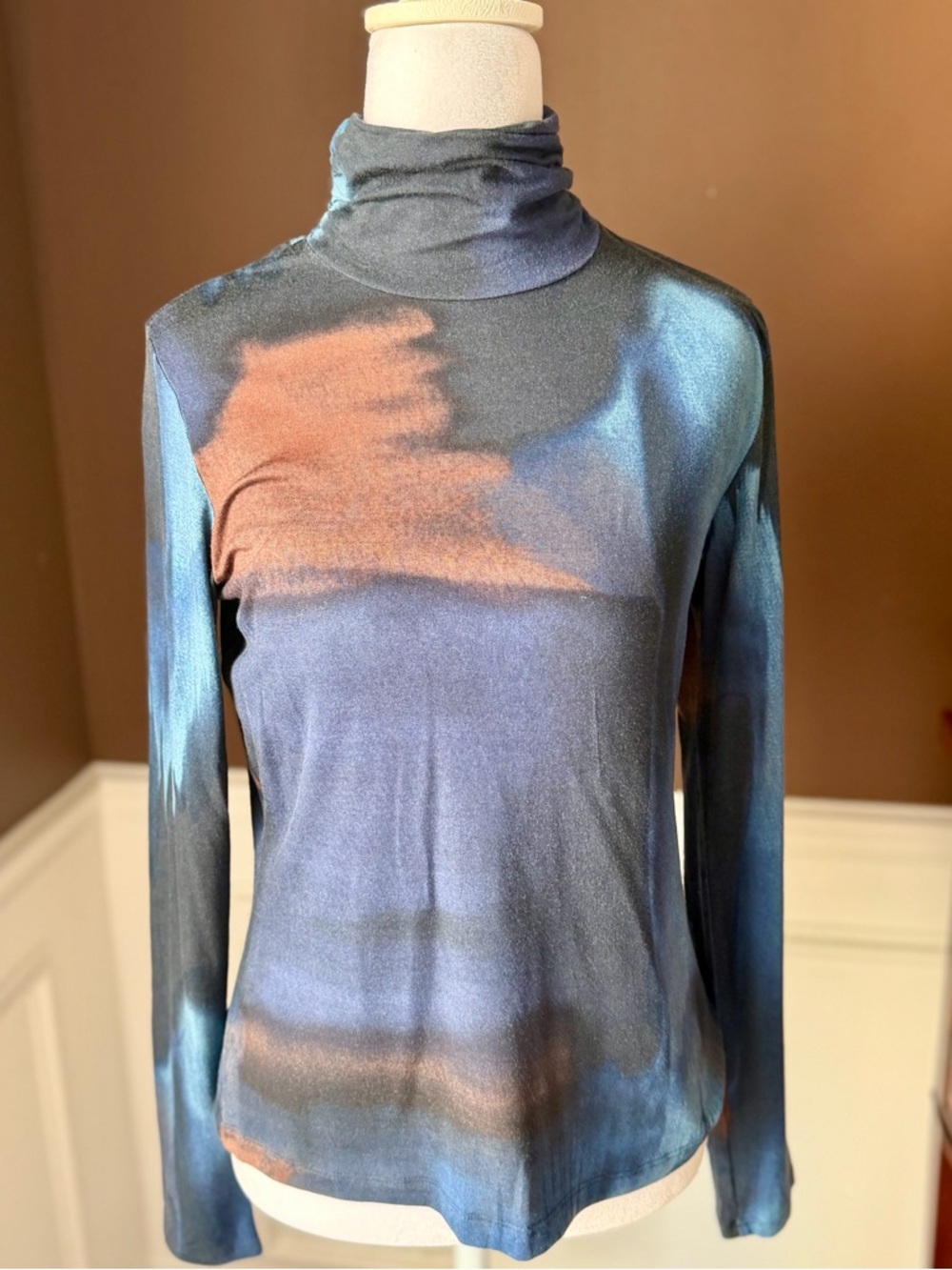 Michael Stars Clara Ruched Neck Turtleneck Luxe Jersey Brown/Blue Small NWOT